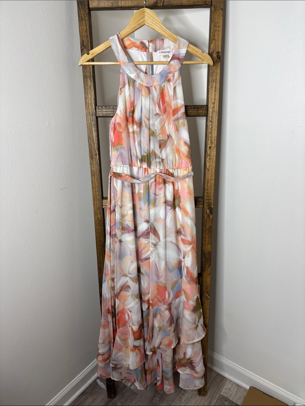 Calvin Klein Peach Multi Floral Halter Maxi Dress Size 4
